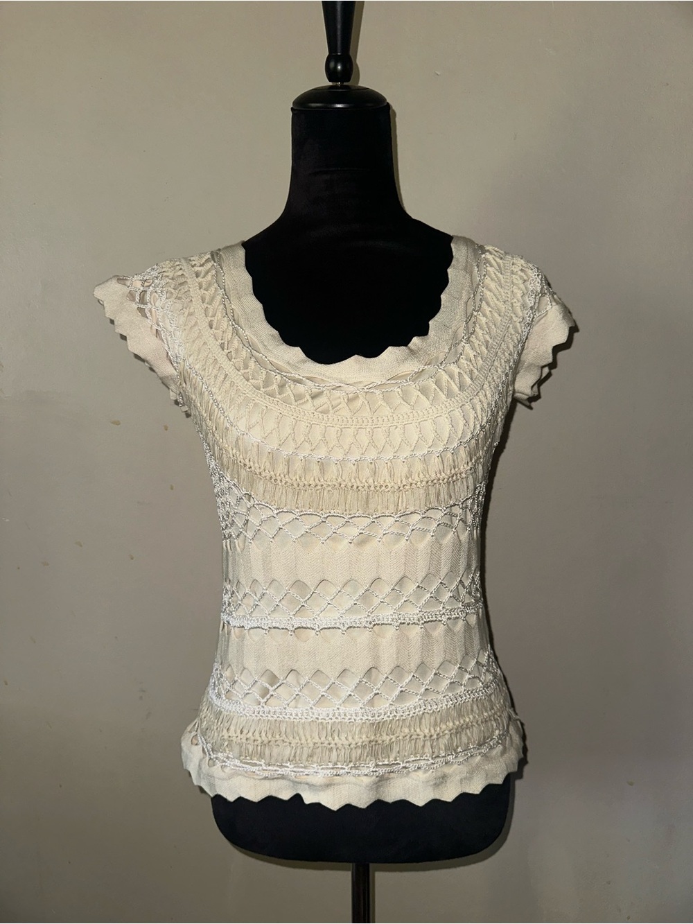 Dolce Cabo Cream Macrame Boho Short-Sleeve Blouse
